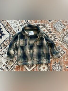 Old Navy Green and Tan Plaid Kids Jean Jacket